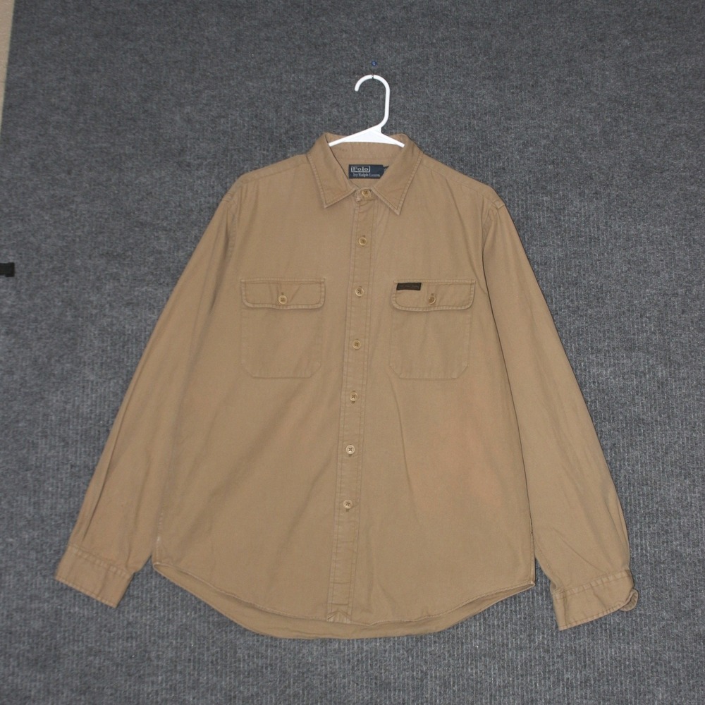 Polo Ralph Lauren Shirt Mens L Tan Long Sleeve Button Up Work Utility Pockets